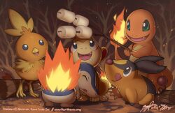  autumn bird blue_eyes brown_eyes brown_theme charmander chimchar closed_eyes commentary_request cyndaquil fiery_tail finni_chang fire flame-tipped_tail food grey_eyes holding looking_up marshmallow mundane_utility nature no_humans oerba_yun_fang orange_theme outdoors photoshop_(medium) pokemon pokemon_(creature) standing tail tepig tongue tongue_out torchic 