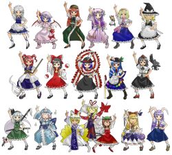  6+girls alice_margatroid arm_up chen commentary_request everyone geta hakurei_reimu hand_on_own_hip hinanawi_tenshi hong_meiling ibuki_suika index_finger_raised izayoi_sakuya kirisame_marisa konpaku_youmu konpaku_youmu_(ghost) meme moketto multiple_girls nagae_iku odd_one_out onozuka_komachi outstretched_arm parody patchouli_knowledge pointing pointing_up reisen_udongein_inaba remilia_scarlet saigyouji_yuyuko saturday_night_fever scarlet_weather_rhapsody shameimaru_aya shanghai_doll standing tengu-geta touhou yakumo_ran yakumo_yukari 