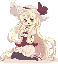  blonde_hair blush bow commentary_request female hat hat_bow long_hair mushroom nakamura_sandayo original own_hands_clasped own_hands_together personification photoshop_(medium) simple_background sitting skirt solo thighhighs wariza white_background yellow_eyes 