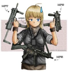  ahoge arrow_(symbol) b&amp;t_mp9 between_breasts black_jacket blue_eyes breasts brown_hair brown_pants call_of_duty call_of_duty:_modern_warfare_3 closed_mouth commentary_request cropped_legs dated digital_media_player dual_wielding earphones english_text female foregrip geococcyx grey_sweater gun gun_sling h&amp;k_mp5 h&amp;k_mp7 heckler_&amp;_koch holding holding_gun holding_weapon jacket lanyard light_brown_hair long_hair looking_at_object looking_to_the_side name_connection pants photoshop_(medium) pink_background pun short_sleeves sleeves_rolled_up solo submachine_gun sweatdrop sweater turtleneck turtleneck_sweater upper_body vertical_foregrip weapon weapon_name white_background wristband 