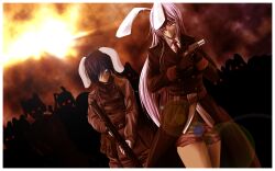  2girls animal_ears army assault_rifle black_hair coat commentary_request contemporary dutch_angle growingnoob gun hair_ornament handgun inaba_tewi long_hair m1911 m4_carbine military multiple_girls necktie photoshop_(medium) purple_hair rabbit_ears reisen_udongein_inaba rifle short_hair touhou very_long_hair weapon 