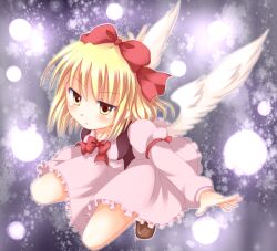  angel_wings blonde_hair bow commentary_request danmaku dress female fuyoyo gengetsu_(touhou) hairbow outstretched_arms red_bow short_hair solo squatting touhou touhou_(pc-98) wings yellow_eyes 