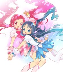  2girls blue_choker blue_eyes blue_hair blue_skirt choker commentary_request cosplay cure_blossom cure_blossom_(cosplay) cure_marine cure_marine_(cosplay) hanasaki_tsubomi heartcatch_precure! holding_hands interlocked_fingers kurumi_erika long_hair magical_girl multiple_girls oota pink_eyes pink_hair precure red_choker self_cosplay skirt thighhighs twintails white_legwear 