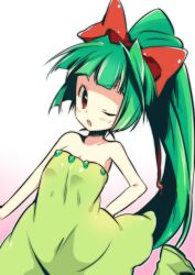  arm_behind_back blush bow chikorita commentary_request dress female gradient_background green_hair hairbow long_hair nakamura_sandayo one_eye_closed personification photoshop_(medium) pokemon ponytail red_eyes ribbon solo 