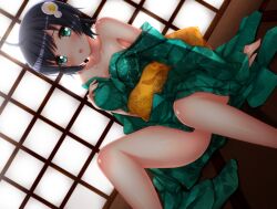  ahoge araragi_tsukihi arm_support bakemonogatari bare_shoulders black_hair breasts cleavage collarbone dutch_angle egg_hair_ornament female food-themed_hair_ornament green_eyes green_kimono hair_ornament highres japanese_clothes kimono looking_at_viewer medium_breasts monogatari_(series) open_mouth rotated shiny_skin short_hair sitting solo swordsouls yukata 