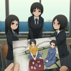  3girls barefoot black_hair brown_eyes card casual commentary_request ghost glasses indoors multiple_girls necktie original photo_(object) playing_card pov school_uniform sitting tatami window yajirushi_(chanoma) 