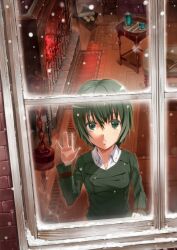  androgynous book commentary_request cup female fire fireplace from_outside gabiran green_eyes green_hair hand_on_window highres kino_(kino_no_tabi) kino_no_tabi log looking_outside reverse_trap short_hair snow table window 