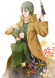  1boy androgynous coat commentary_request cosplay costume_switch crossdressing female flower gabiran green_shirt gun handgun highres katana kino_(kino_no_tabi) kino_no_tabi pants photoshop_(medium) reverse_trap revolver ribbed_sweater shirt shizu_(kino_no_tabi) sweater sword trench_coat trigger_discipline turtleneck weapon 