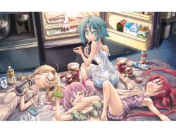  4girls alcohol armbar barefoot bottle closed_eyes commentary_request drink drinking food haagen-dazs hot ice_cream joint_lock kaname_madoka kyuubee lingerie looking_at_viewer looking_back lying mahou_shoujo_madoka_magica mahou_shoujo_madoka_magica_(anime) miki_sayaka multiple_girls naka_(nicovideo14185763) nightgown open_mouth panties photoshop_(medium) refrigerator sakura_kyoko sleeping sleepwear tomoe_mami underwear water_bottle 