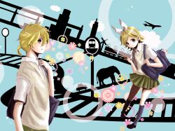  amoko_(chokokorone) animal bunny car clouds elephant kagamine_len kagamine_rin phone plane seifuku train vocaloid 