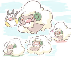  :d =3 angry closed_eyes closed_eyes cloud clouds dark_skin emolga emonga flying mad open_mouth pokemon smile whimsicott 