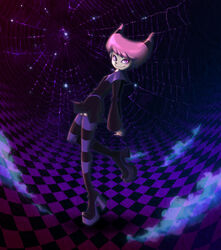  boots cartoon_network checkered checkered_floor dc_comics female floor gothic high_heel_boots high_heels jinx ladama patterned_legwear pixiv_thumbnail platform_footwear platform_shoes purple_hair resized shoes short_cape solo striped striped_legwear teen_titans 