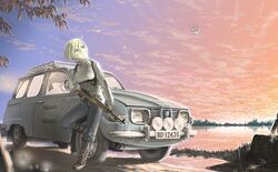  ag42 blonde_hair boots car commentary_request cup female gun harness holding holding_cup holding_weapon jettoburikku lake leaning_on_object looking_back motor_vehicle original outdoors pants rifle saab saab_95 saab_lansen short_hair sky sports_utility_vehicle standing standing_on_one_leg sunset sweater swedish_text turtleneck turtleneck_sweater vehicle_focus weapon white_sweater 