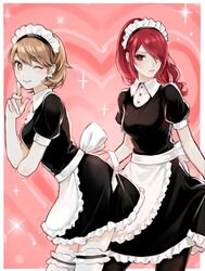  2girls alternate_costume apron bad_id bad_twitter_id black_dress black_legwear brown_hair closed_mouth dress enmaided frilled_dress frills hair_over_one_eye heart heart_background kirijou_mitsuru long_hair maid maid_headdress multiple_girls one_eye_closed pantyhose persona persona_3 persona_3:_dancing_moon_night persona_dancing pink_background red_hair short_sleeves simple_background smile sparkle thighhighs tyo197snh white_apron white_legwear yukari_takeba 