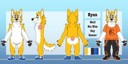  2:1 absurd_res anthro bondage_pants bottomwear canid canine canis clothing doodle._.drawz footwear fur hi_res male mammal model_sheet multicolored_clothing multicolored_footwear multicolored_shoes orange_body orange_clothing orange_fur orange_shirt orange_topwear pants pronouns ryanthewolf shirt shoes solo stated_homosexuality stated_sexuality topwear white_body white_fur wolf 