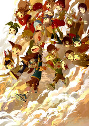  4girls 6+boys above_clouds belt blonde_hair blue_headwear blue_pants blue_shirt brown-framed_eyewear brown_belt brown_eyes brown_footwear brown_gloves brown_hair brown_shorts chibimon chinese_commentary closed_eyes closed_mouth cloud cloudy_sky collared_shirt commentary_request denim digimon digimon_(creature) digimon_adventure digimon_adventure_02 dress facing_viewer falling feet_out_of_frame flat_chest full_body glasses gloves goggles goggles_on_head green_footwear green_headwear green_jacket green_shirt hair_between_eyes hands_up hat helmet hida_iori ichijouji_ken inoue_miyako ishida_yamato izumi_koshiro jacket jeans kido_jo koromon long_hair long_sleeves looking_at_another looking_away looking_down medium_hair minomon mochimon motomiya_daisuke multiple_boys multiple_girls nyaromon open_mouth orange_gloves orange_shirt pants pink_headwear poromon pukamon purple_hair pyocomon red_dress red_pants shirt short_hair shorts sidelocks sky sleeveless smile tachikawa_mimi takaishi_takeru takenouchi_sora tanemon time_paradox tokomon tunomon upamon white_gloves white_pants white_shirt winni yagami_hikari yagami_taichi yellow_gloves yellow_shirt 