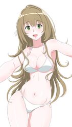  ass_visible_through_thighs bikini breasts brown_hair cleavage commentary_request cowboy_shot female foreshortening green_eyes highres long_hair looking_at_viewer medium_breasts miyazawa_fuuka osage_gankyou pov shiroi_suna_no_aquatope simple_background solo swimsuit thigh_gap white_background white_bikini 