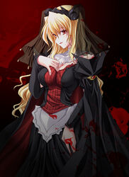  bikuto_ryuu black_dress blonde_hair blood blood_splatter breasts camilla_batley dai_(series) daibanchou dress female hand_up long_hair long_sleeves medium_breasts red_eyes solo veil 