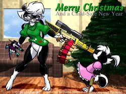  1997 3_toes 3d_(artwork) 4:3 anthro barefoot black_body black_fur bottomless bottomless_female christmas christmas_tree clothed clothing countershading detailed_background digital_media_(artwork) dress duo english_text eric_schwartz eyewear featureless_crotch feet female fur furniture glasses gloves_(marking) green_clothing gun handgun hasbro holding_gun holding_handgun holding_object holding_pistol holding_ranged_weapon holding_rifle holding_weapon holidays inside leg_markings machine_gun mammal markings mephitid mixed_media multicolored_body nerf_(toy) nerf_blaster pink_clothing pink_nose pistol plant plantigrade ranged_weapon sabrina_(sabrina_online) sabrina_online scared scope shirt signature skunk smug socks_(marking) sofa tabitha_(sabrina_online) text toes topwear toy toy_gun tree two_tone_body weapon white_body white_fur wide_eyed young 