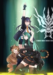  3girls animal_ears arknights arm_up armor armpits ass bad_id bad_twitter_id bare_arms bare_shoulders black_footwear black_gloves black_headwear black_jacket black_shirt black_skirt blazer blue_hair blue_jacket boots breastplate brown_hair ch&#039;en_(arknights) commentary_request dragon_horns drill_hair drill_sidelocks fingerless_gloves gloves great_lungmen_logo green_eyes grey_legwear gundam gundam_narrative hair_between_eyes high_collar high_heel_boots high_heels horns hoshiguma_(arknights) jacket long_hair looking_at_viewer miniskirt multiple_girls narrative_formation necktie open_clothes open_jacket open_mouth pencil_skirt red_eyes shirt sidelocks skirt sleeveless sleeveless_shirt swire_(arknights) tail thighhighs thighs tiger_ears tiger_tail white_shirt yellow_necktie yuzuruka_(bougainvillea) 