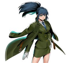  alternate_costume blue_eyes blue_hair blue_necktie breasts clenched_hand collared_shirt earrings female formal gloves green_jacket green_skirt hand_on_own_hip jacket jacket_on_shoulders jewelry leona_heidern long_sleeves medium_breasts metal_slug metal_slug_attack necktie official_art ponytail senno_aki shirt simple_background skirt skirt_suit solo standing suit the_king_of_fighters triangle_earrings unworn_jacket white_background white_gloves white_shirt 