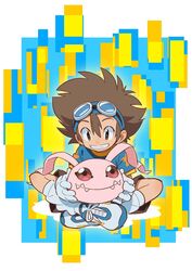  1boy blue_shirt brown_eyes brown_hair brown_shorts crossed_legs digimon digimon_(creature) digimon_adventure goggles goggles_on_head highres koromon male_focus nobile1031 parted_lips shirt shoes short_sleeves shorts sitting smile socks solo white_footwear yagami_taichi 