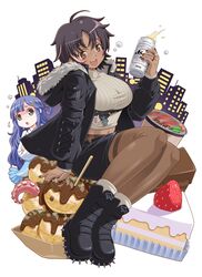  2girls :d :o absurdres asahi_breweries asari_nanami beer_can black_coat black_eyes black_footwear black_nails blue_eyes blue_hair bon_(vtuber) boots breasts brown_hair building cake cake_slice can city coat dark-skinned_female dark_skin drink_can food fruit hand_up highres holding holding_can idolmaster idolmaster_cinderella_girls indie_virtual_youtuber jewelry knees_up large_breasts long_hair midriff multiple_girls open_mouth pantyhose ring second-party_source short_hair simple_background smile solo_focus spiked_boots strawberry takoyaki teeth tentacle toromi_(toromix2) upper_teeth_only virtual_youtuber white_background 