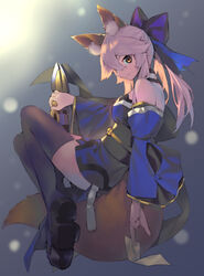  absurdres animal_ear_fluff animal_ears bare_shoulders blue_kimono blue_ribbon blue_thighhighs breasts commentary_request detached_sleeves fate/extella fate/extra fate/grand_order fate_(series) female fox_ears fox_girl fox_tail hair_ribbon highres japanese_clothes kaerude123 kimono looking_at_viewer looking_to_the_side medium_breasts mirror pink_hair ribbon solo suiten_nikkou_amaterasu_yanoshisu_ishi tail tamamo_(fate) tamamo_no_mae_(fate/extra) thighhighs yellow_eyes 