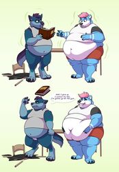  angry anthro bear belly belly_expansion belly_grab belly_peeking_out big_belly blue_body blue_fur book canid canine canis chair clothing dialogue duo english_text expansion exposed_belly fit_to_fat fur furniture hair hand_on_belly hands_on_belly hi_res holding_belly holding_stomach jockstrap looking_at_self love_handles magic magic_user male mammal muscular obese obese_anthro obese_male open_mouth overweight overweight_anthro overweight_male pink_hair pink_tongue purple_hair series_(disambiguation) shikakaka shirt simple_background small_clothing speech_bubble tank_top teeth text tongue topwear torn_clothing toza underwear weight_gain white_belly wolf yukon 