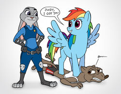  anthro biped clothed clothing crossover digital_media_(artwork) disney duke_weaselton english_text equid equine female feral friendship_is_magic fur grey_body grey_fur group hair hasbro horse johnraptor judy_hopps lagomorph leporid male mammal mustelid musteline my_little_pony pink_nose police police_uniform purple_eyes quadruped rabbit rainbow_dash_(mlp) shirt simple_background tank_top text topwear true_musteline uniform weasel white_background zootopia 