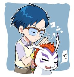  bandai_namco blue_hair chopping digimon digimon_(species) duo eyewear feral fur glasses gomamon hair hsnkz809 human joe_kido male mammal marine pinniped red_hair seal white_body white_fur 