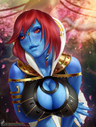  alien armlet black_nails blue_lips blue_skin blurry blurry_background breast_hold breasts cleavage cleavage_cutout clothing_cutout colored_sclera colored_skin english_commentary eyelashes female fingernails gorget high_collar highres large_breasts lips looking_at_viewer no_nose photoshop_(medium) red_eyes red_hair red_sclera short_hair solo t&#039;au themaestronoob variant_set warhammer_40k 