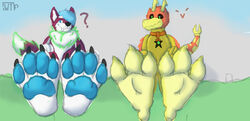  absurd_res anthro avian bird canid canine canis duo feet foot_focus grass_field hi_res loom macro male male/male mammal paws smile smirk soles talons toes viraxe wolf wolftical wolftical_(artist) 