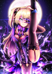  absurdres black_thighhighs blonde_hair blush bow breasts commentary_request corset dead_angels electricity eyepatch female fischl_(genshin_impact) full_moon genshin_impact green_eyes grin hair_ornament highres long_hair looking_at_viewer medium_breasts moon one_side_up pose purple_bow purple_corset purple_garter_straps smile solo split standing standing_on_one_leg standing_split thighhighs v 