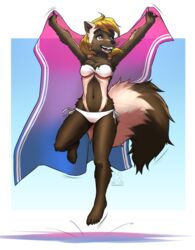  2022 5_toes absurd_res anthro barefoot bikini bisexual_pride_colors blonde_hair breasts brown_body brown_eyes brown_fur claws clothed clothing feet female fluffy fluffy_tail fur gradient_background gulonine hair happy hi_res jumping lgbt_pride long_tail male mammal mel_(mykegreywolf) midair multicolored_sarong mustelid musteline mykegreywolf navel neck_tuft paws plantigrade pride_color_sarong pride_colors sarong short_hair simple_background skimpy smile solo strapless_bikini strapless_clothing strapless_swimwear swimwear tail tan_body tan_fur teeth toes translucent_sarong tuft wolverine 