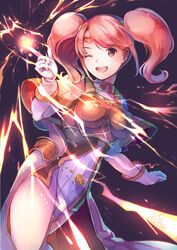  armor black_background boobplate breastplate brown_eyes capelet female finger_gun fire_emblem fire_emblem_echoes:_shadows_of_valentia gloves hair_behind_ear head_tilt highres leaning_to_the_side looking_at_viewer mae_(fire_emblem) magic pink_capelet pink_hair purple_skirt skirt smile solo tarayuki white_gloves 