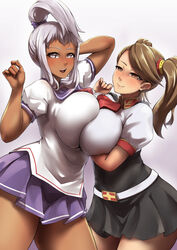  2girls akaza_chacha breast_press breasts brown_eyes brown_hair commentary commission crossover dark-skinned_female dark_skin english_commentary gundam gundam_build_fighters gundam_build_fighters_try highres huge_breasts large_breasts long_hair looking_at_viewer maken-ki! multiple_girls no_legwear open_mouth packge ponytail purple_background purple_eyes sazaki_kaoruko skirt smile symmetrical_docking thick_thighs thighs twintails uniform 