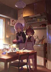  2girls ahoge apron basket black_shirt blush bowl brown_hair chair closed_eyes closed_mouth collared_shirt commentary cooking cooking_pot cup cutting_board cutting_onions day drinking_glass faucet frying_pan gloves hand_up hands_up headgear holding holding_cooking_pot indoors japanese_clothes kimono kitchen knife leaning_forward light_purple_hair long_hair long_sleeves looking_at_another multiple_girls onion purple_eyes purple_footwear purple_gloves purple_legwear red_footwear refrigerator ribbed_legwear rubbing_eyes shirt short_hair sleeves_pushed_up slippers smile standing table tearing_up touhoku_kiritan twintails vocaloid voiceroid white_apron white_kimono window wing_collar yamamomo_(plank) yuzuki_yukari 