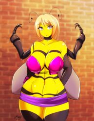  animal_humanoid arthropod arthropod_humanoid bee_humanoid bianca_(dtripper) big_breasts blonde_hair bottomwear breasts cleavage clothed clothing female hair hi_res humanoid hymenopteran hymenopteran_humanoid insect_humanoid insects matypup miniskirt non-mammal_breasts purse skirt solo wide_hips 