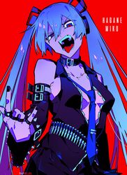  black_nails blue_hair breasts collar commentary detached_sleeves fangs female hagane_miku hagane_vocaloid hair_between_eyes hatsune_miku highres jewelry long_hair looking_at_viewer multiple_rings necktie open_mouth par0llel red_background ring simple_background small_breasts solo teeth tongue tongue_out twintails very_long_hair vocaloid 