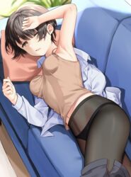  absurdres arm_up armpits bad_id bad_pixiv_id black_hair black_panties black_pantyhose bow bow_panties breasts brown_camisole camisole clothes_pull couch dress_shirt female fine_fabric_emphasis from_above hand_on_forehead highres indoors looking_at_viewer lying moire mukuro_usss on_couch on_side one_eye_closed open_clothes open_shirt open_skirt original panties panties_under_pantyhose pantyhose parted_lips shirt short_hair skirt skirt_pull sleeveless small_breasts solo underwear white_shirt 