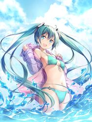  :d ahoge aqua_eyes aqua_hair bare_shoulders bikini blush breasts cloud cloudy_sky cowboy_shot day female front-tie_bikini_top front-tie_top hatsune_miku highres index_finger_raised jacket long_hair long_sleeves looking_at_viewer matsuuni medium_breasts navel o-ring o-ring_bikini o-ring_bottom off_shoulder open_clothes open_jacket open_mouth outdoors purple_jacket ribbon sky smile solo stomach swimsuit swimsuit_cover-up teeth twintails upper_teeth_only very_long_hair vocaloid water white_ribbon 