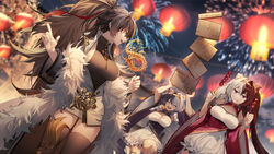  3girls :d absurdres ahoge azur_lane bare_shoulders black_hair black_thighhighs blurry blurry_background bodystocking box breasts chao_ho_(azur_lane) chinese_clothes cleavage_cutout clothing_cutout coat cone_hair_bun double_bun fireworks food fur-trimmed_coat fur_trim gold_hairband gold_trim hair_between_eyes hair_bun hairband harbin_(azur_lane) highres holding holding_box holding_food jewelry lantern large_breasts long_hair multicolored_hair multiple_girls necklace ponytail purple_eyes rff_(3_percent) sideboob smile split-color_hair tanghulu thighhighs thighs very_long_hair ying_swei_(azur_lane) zettai_ryouiki 