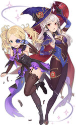  2girls alternate_costume aqua_eyes asymmetrical_legwear black_dress black_footwear black_gloves black_pantyhose black_thighhighs blonde_hair bodystocking boots bow bowtie breasts bridal_gauntlets cape chestnut_mouth commentary cosplay detached_sleeves dress elbow_gloves english_commentary eyepatch feathers fire_emblem fire_emblem:_three_houses fire_emblem_awakening fischl_(genshin_impact) fischl_(genshin_impact)_(cosplay) fishnets forehead full_body fur-trimmed_cape fur_trim garter_straps genshin_impact gloves haru_(nakajou-28) hat highleg highleg_leotard highres in-franchise_crossover large_hat leotard lissa_(fire_emblem) long_hair looking_at_viewer lysithea_von_ordelia mona_(genshin_impact) mona_(genshin_impact)_(cosplay) multiple_girls open_mouth pantyhose parted_bangs pose purple_bow red_eyes short_twintails sleeveless sleeveless_dress small_breasts smile standing standing_on_one_leg strapless strapless_leotard tailcoat thighhighs thighlet thighs twintails uneven_legwear v white_background white_hair witch_hat 