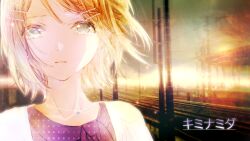  bad_id bad_pixiv_id blonde_hair collarbone ebisu_kana female floating_hair hair_ornament hairclip highres jewelry kagamine_rin looking_at_viewer necklace outdoors pendant pole polka_dot portrait railroad_tracks sad short_hair solo song_name tears train_station unmoving_pattern vocaloid 