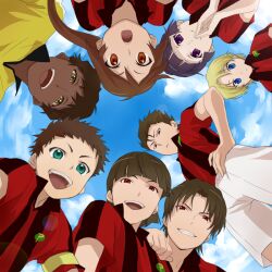  2girls 6+boys aoto_gonzales_takuma bad_id bad_pixiv_id black_hair blonde_hair blue_eyes brothers brown_eyes brown_hair circle_formation dark_skin furuya_kota furuya_ouzou furuya_ryuuji ginga_e_kickoff!! green_eyes indesign long_hair multiple_boys multiple_girls oota_shou ponytail purple_eyes purple_hair saionji_reika_(ginga_e_kickoff!!) short_hair shorts siblings smile soccer soccer_uniform sportswear sugiyama_tagi takatoo_erika triplets yellow_eyes 