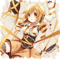  bad_id bad_pixiv_id beret blonde_hair bound drill_hair female hat mahou_shoujo_madoka_magica mahou_shoujo_madoka_magica_(anime) nochita_shin open_clothes open_shirt ribbon shirt solo striped tied_up_(nonsexual) tomoe_mami tomoe_mami_(magical_girl) untied unworn_hat unworn_headwear vertical_stripes yellow_eyes 