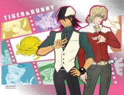  2boys antonio_lopez barnaby_brooks_jr. blonde_hair blue_rose brown_eyes brown_hair cabbie_hat commentary_request dragon_kid facial_hair glasses green_eyes hat huang_baoling ivan_karelin jacket kaburagi_t._kotetsu karina_lyle keith_goodman lapel_pin male_focus multiple_boys necktie qgame red_jacket rock_bison sky_high_(tiger_&amp;_bunny) stubble superhero_costume tiger_&amp;_bunny vest waistcoat 