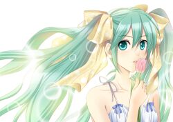  bad_id bad_pixiv_id bare_shoulders female floating_hair flower fujisaki_yui green_eyes green_hair hair_ribbon hatsune_miku long_hair looking_at_viewer polka_dot polka_dot_ribbon ribbon simple_background sleeveless smelling_flower solo tulip twintails upper_body vocaloid yellow_ribbon 