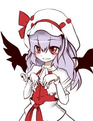  ascot bad_id bad_pixiv_id bat_wings blush capelet curiosities_of_lotus_asia female hat hat_ribbon highres hiyokichi long_hair long_sleeves purple_hair red_eyes remilia_scarlet ribbon simple_background solo touhou wings 